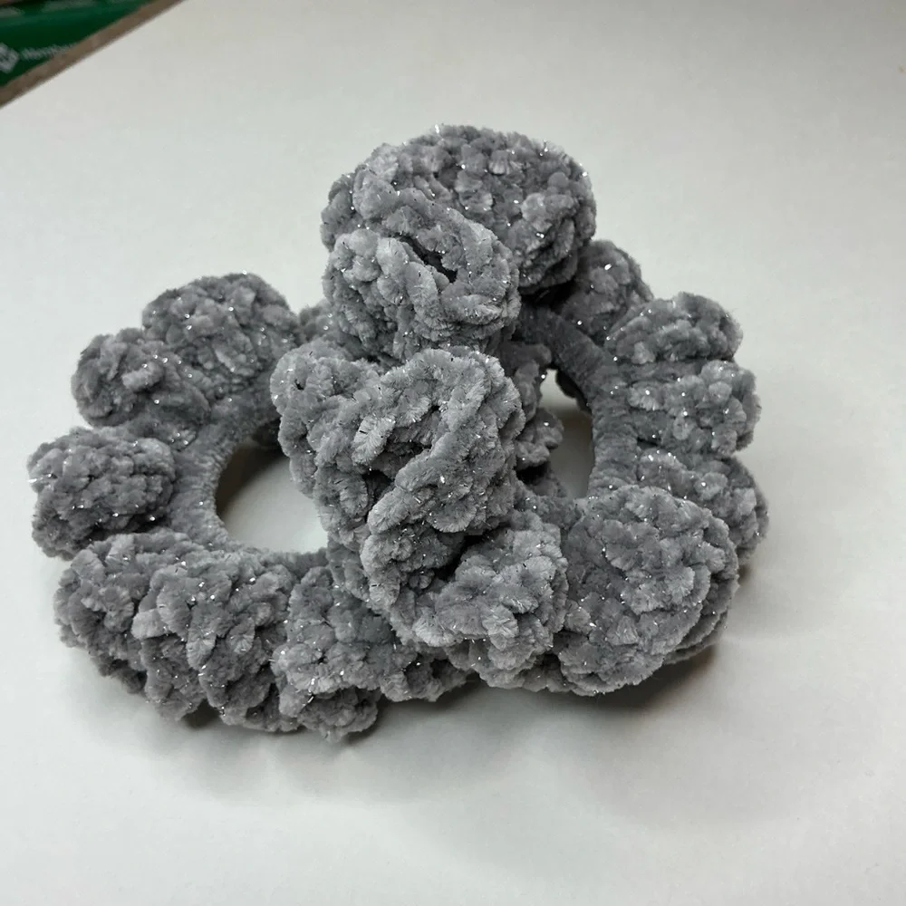Crochet Scrunchie Oversized Hair Tie Set of 2 Plush Sparkle Velvet Handmade